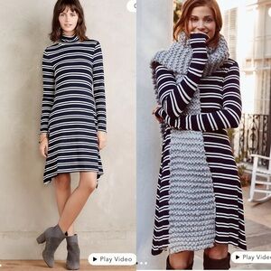 Anthropologie Maeve navy Striped Turtleneck Long Sleeve  Dress‎ XS Small